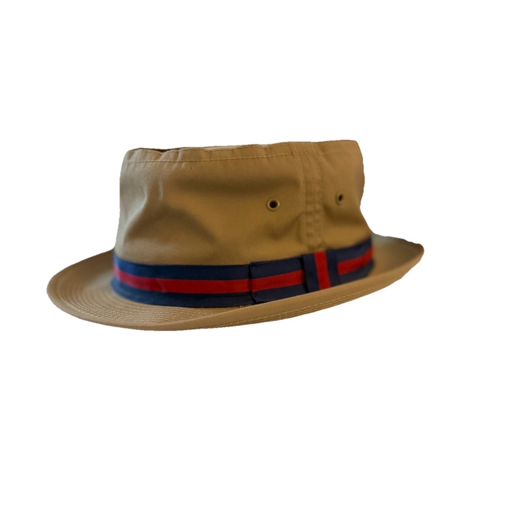 Vintage Dobbs Fedora Hat Mens 7 1/4 Tan Khaki Red Blue Band Classic USA
